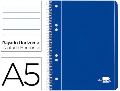 Cuaderno espiral Liderpapel serie azul A5 micro tapa blanda 80h 80g/m² horizontal 7mm. 6 taladros azul